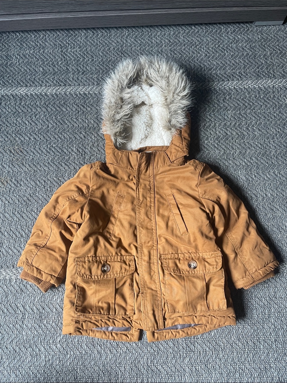 Kids Hooded Parka Jacket in Camel with Faux Fur Trim